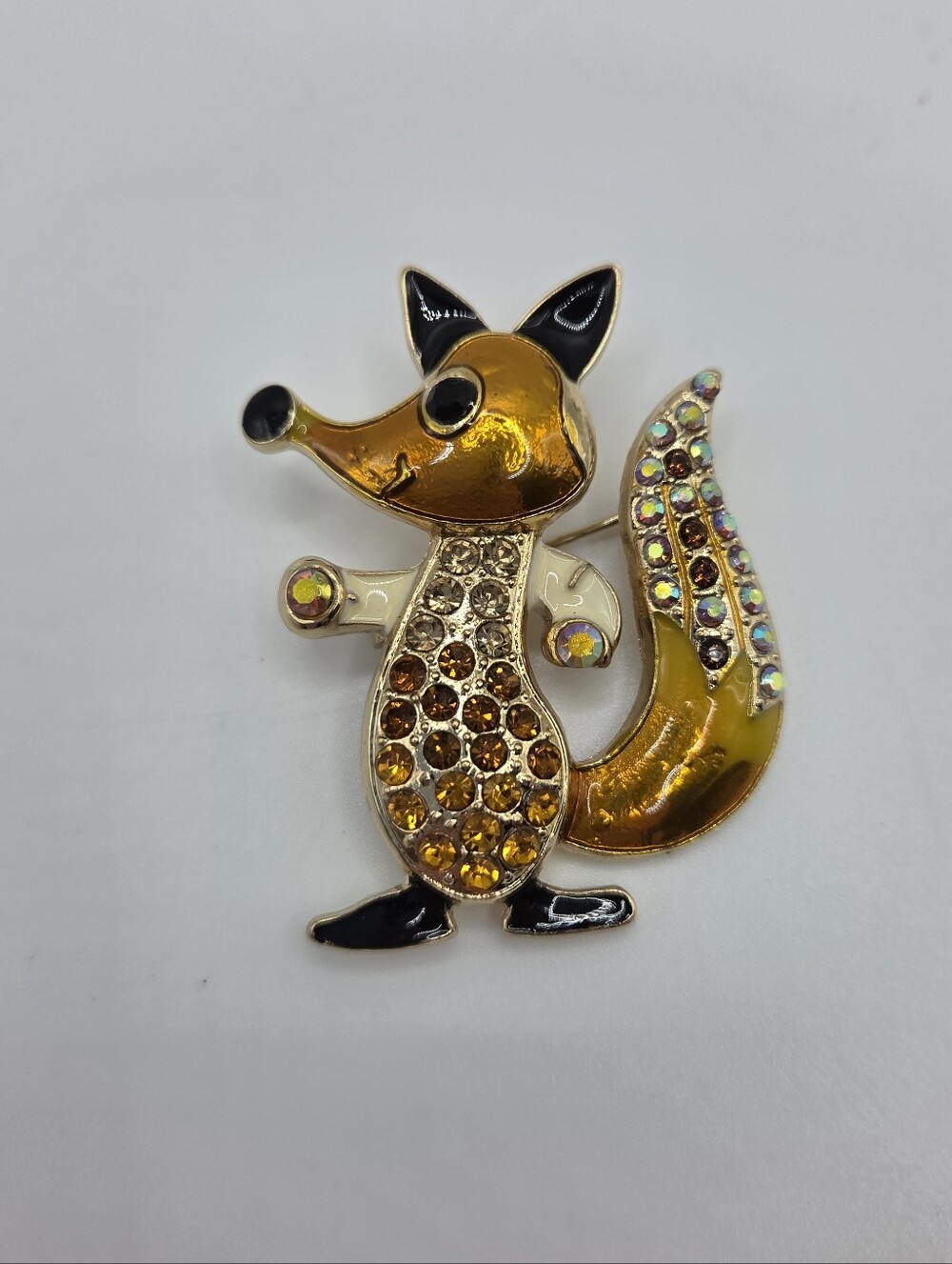 Gold Fox Brooch Amber Crystal Enamel Woodland Animal Statement Pin